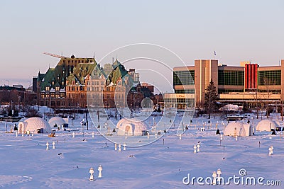 Igloos on the Louise Basinâ€™s frozen surface seen during a sunny early winter morning Editorial Stock Photo
